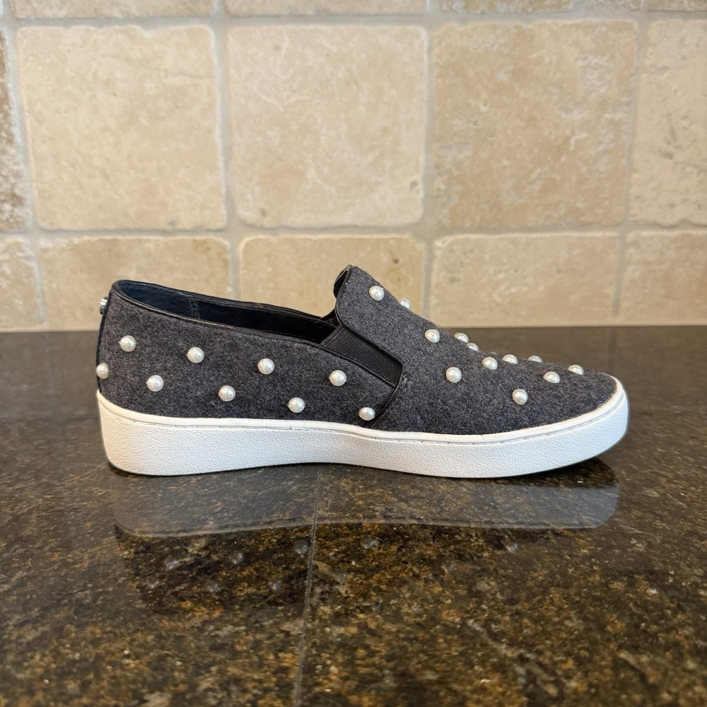 Michael Kors Grey Wool Pearl-Embellished Slip-On Sneakers - Picture 9 of 13